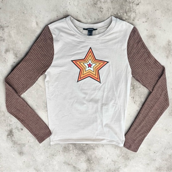 Forever 21 Y2K Star Graphic Raglan Tee - Brown Ribbed Long Sleeve Small - Picture 7 of 12
